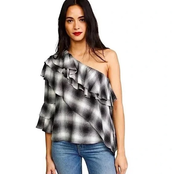 Alice + Olivia Tops - Alice + Olivia Hilaria Plaid Ruffle One Shoulder Blouse